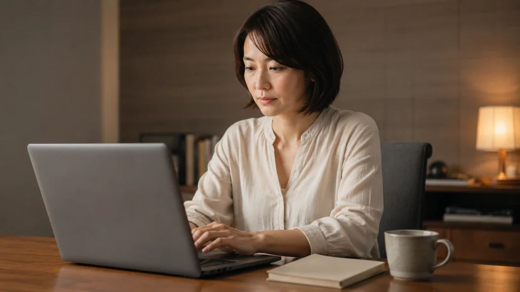 ノートパソコンで条件整理をしている女性のシーン