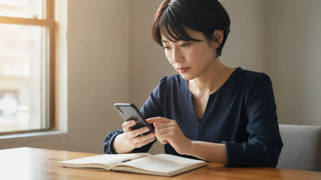 朝にスマートフォンでAIを使って計画を立てている女性のシーン