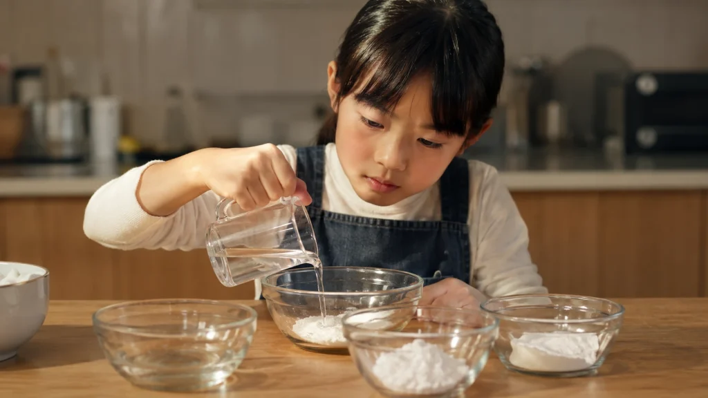 キッチンで実験をしている小学生の子どものシーン