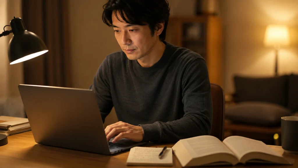 読書メモをノートパソコンで整理している男性のシーン