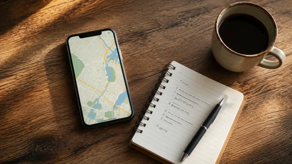 旅行計画メモとスマートフォンの俯瞰ショット