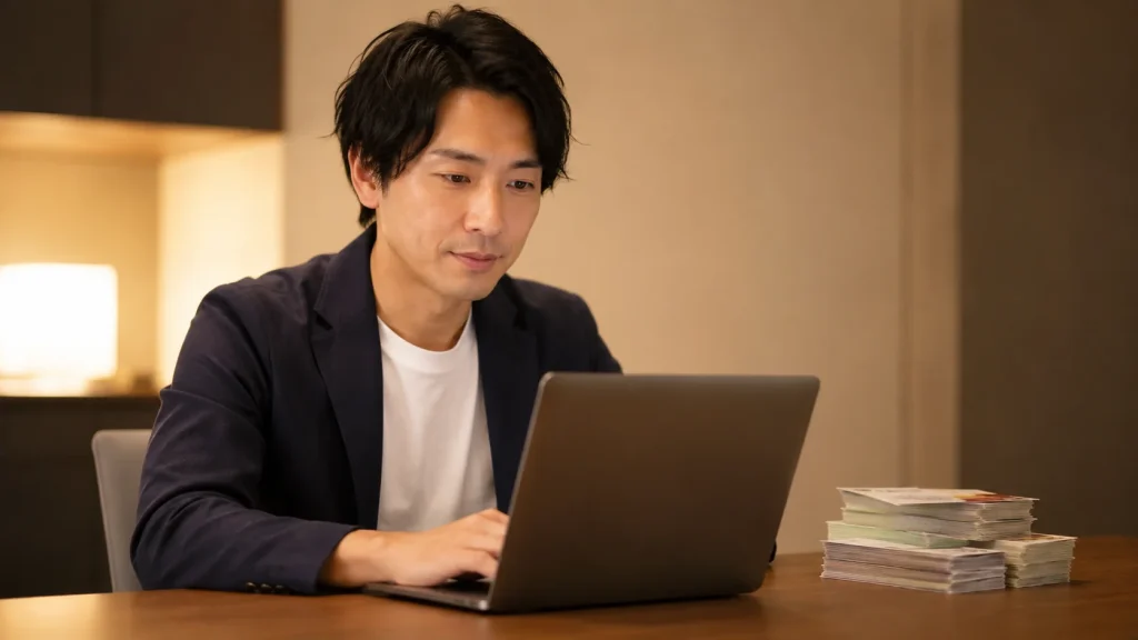 ノートパソコンで年賀状の文章を作成している男性のシーン