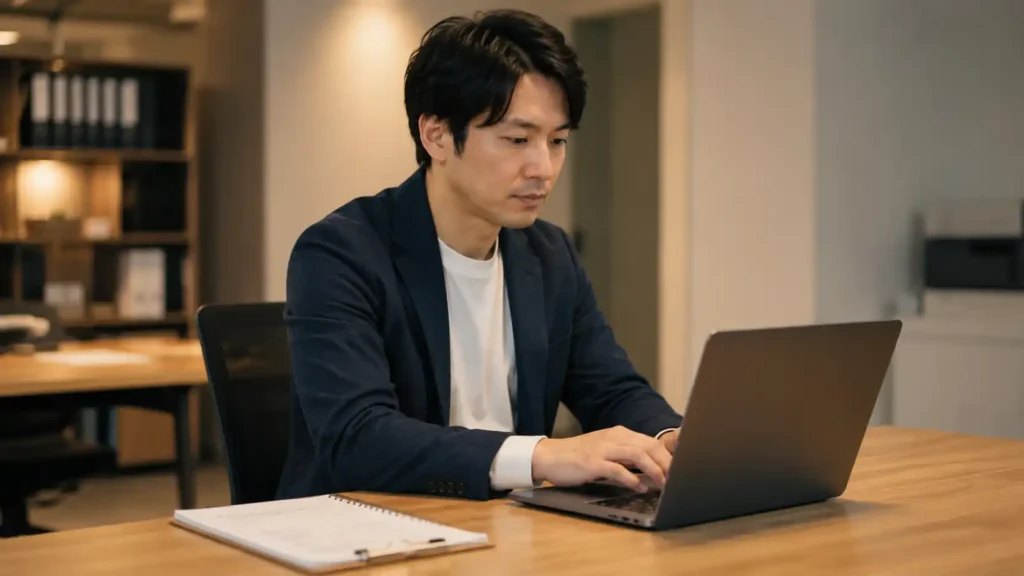 ノートパソコンで案内文を作成している男性のシーン