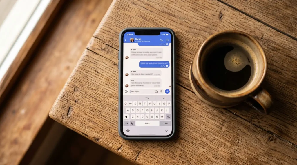 スマートフォンでAIチャットを使っているシーン(俯瞰)