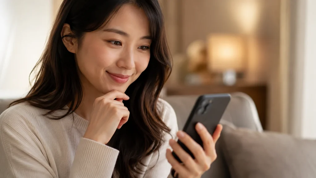 スマートフォンでAIとやり取りしている女性のシーン