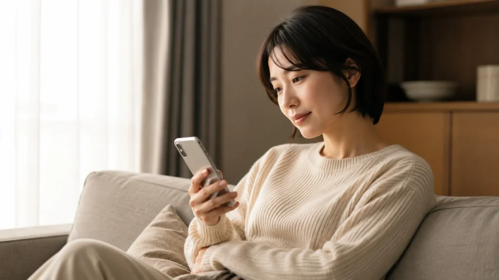 スマートフォンを見ながら考えている女性のシーン