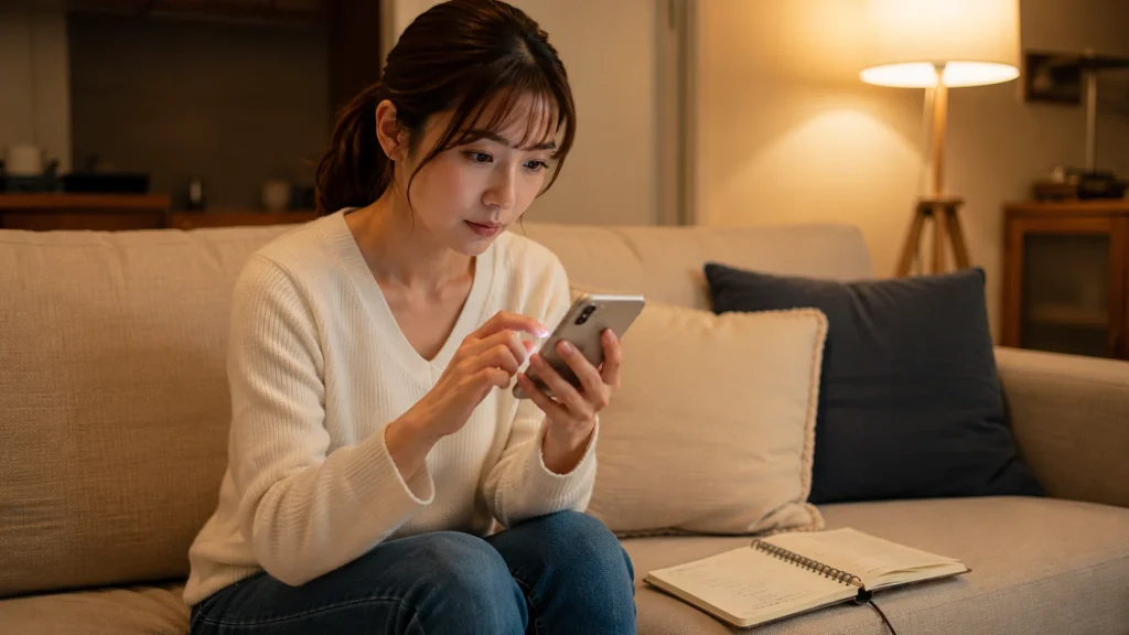 スマートフォンでAIに物件情報を入力している女性